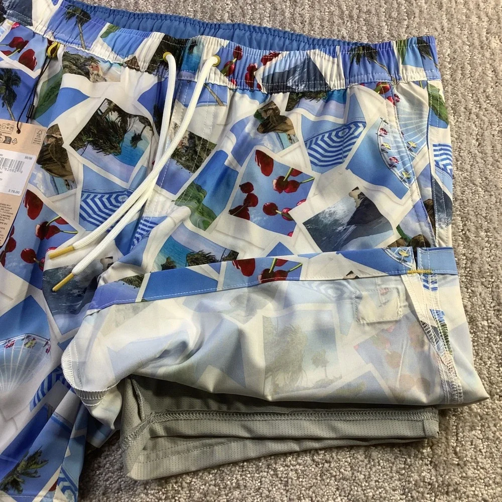 Scotch & Soda Mens Volley Swim Shorts Polaroid Print White Blue Size M NWT